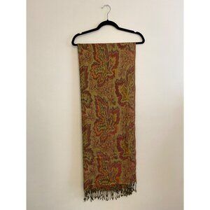 Isabella Autumn Leaf Print Scarf/Wrap With Fringe Green, Red, & Orange, Viscose